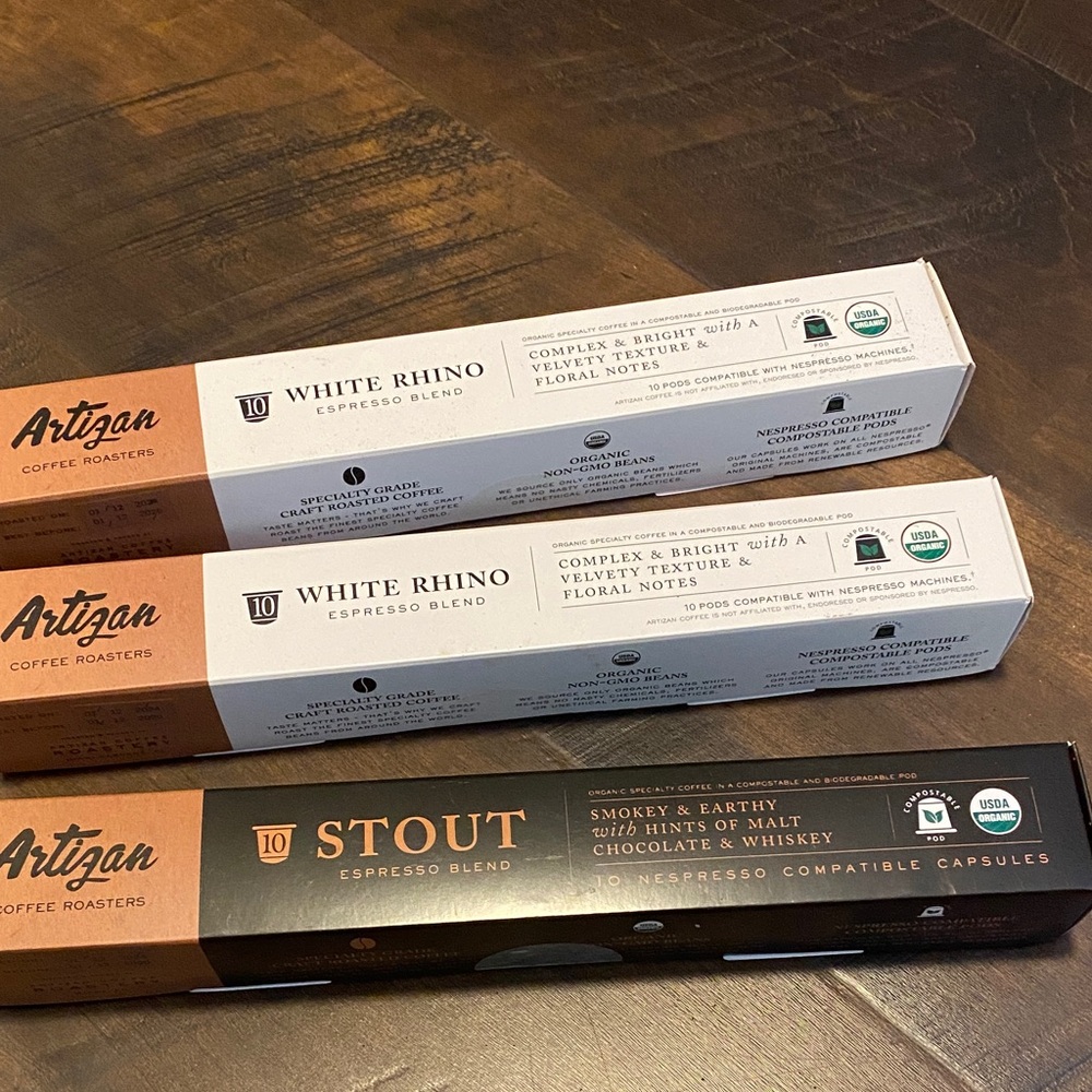 Nespresso pods three packs of 10 White Rhino & Stout Espresso Blend organic